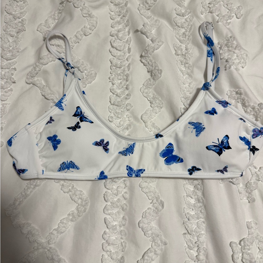 White Swim Top with Blue Butterfly Print